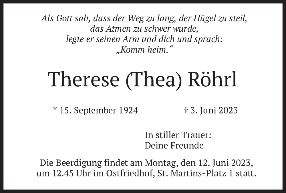  Traueranzeige für Therese  Röhrl vom 10.06.2023 aus merkurtz