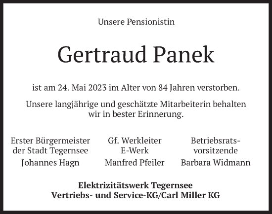 Traueranzeige von Traudl Panek von merkurtz