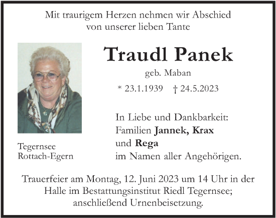 Traueranzeige von Traudl Panek von merkurtz