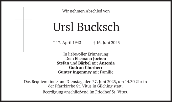 Traueranzeige von Ursl Bucksch von merkurtz