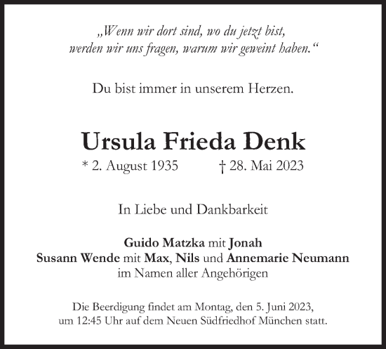 Traueranzeige von Ursula Frieda Denk von merkurtz