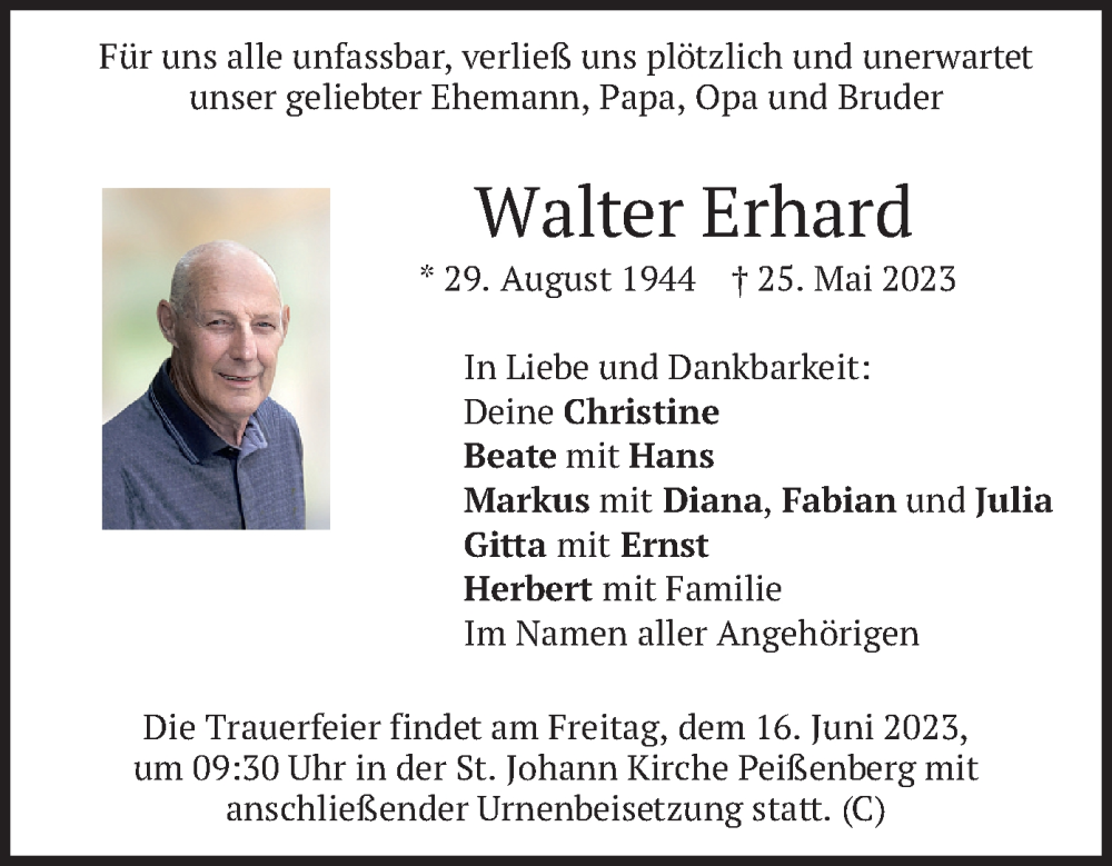 Traueranzeige für Walter Erhard vom 14.06.2023 aus merkurtz