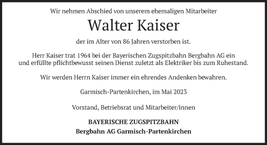 Traueranzeige von Walter Kaiser von merkurtz