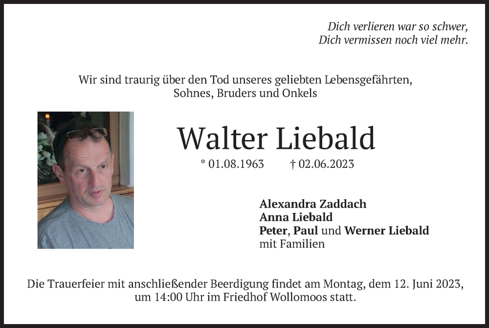  Traueranzeige für Walter Liebald vom 10.06.2023 aus merkurtz