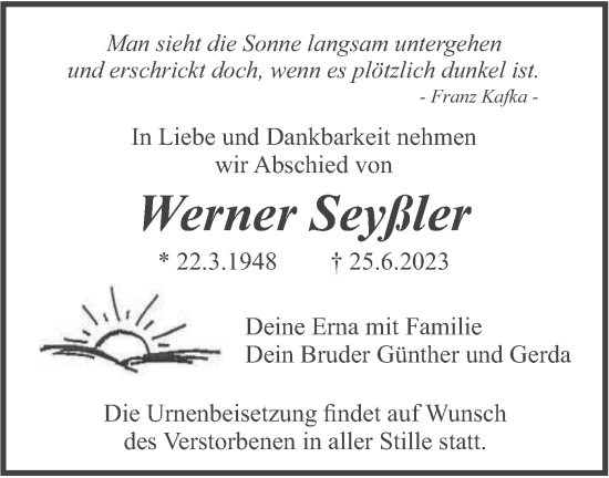 Traueranzeige von Werner Seyßler von merkurtz