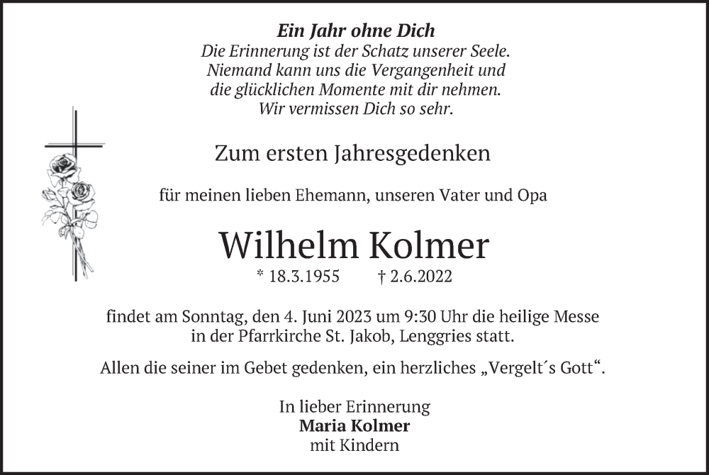  Traueranzeige für Wilhelm Kolmer vom 03.06.2023 aus merkurtz