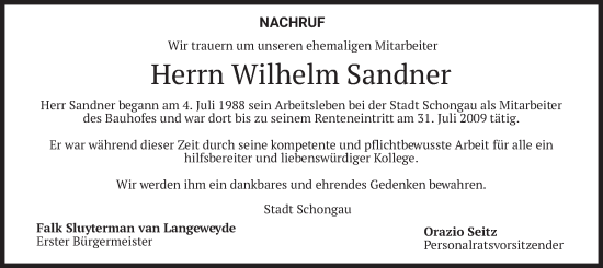 Traueranzeige von Wilhelm Sandner von merkurtz