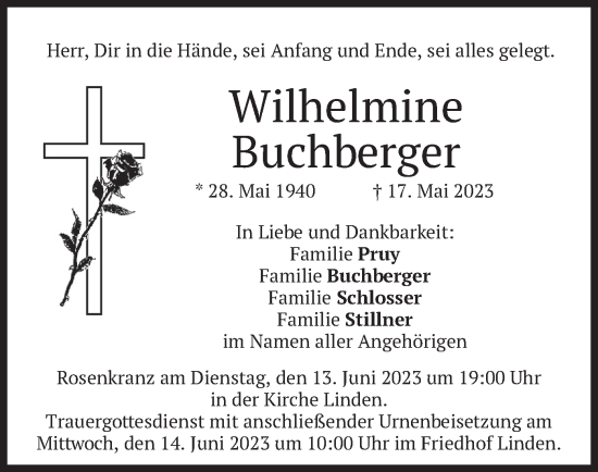 Traueranzeige von Wilhelmine Buchberger von merkurtz