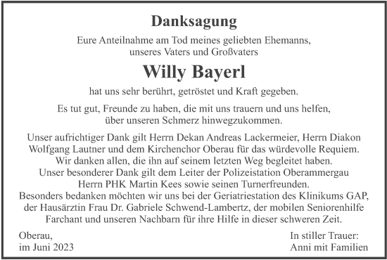 Traueranzeige von Willy Bayerl von merkurtz