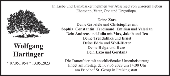 Traueranzeige von Wolfgang Hartinger von merkurtz