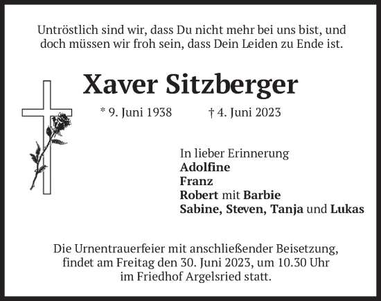 Traueranzeige von Xaver Sitzberger von merkurtz