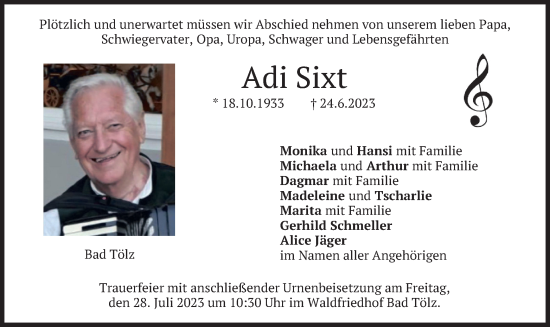 Traueranzeige von Adi Sixt von merkurtz
