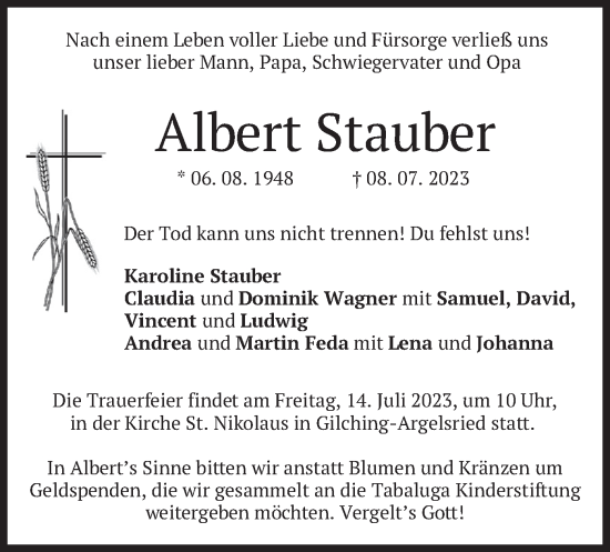 Traueranzeige von Albert Stauber von merkurtz
