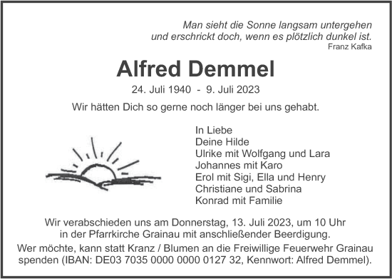 Traueranzeige von Alfred Demmel von merkurtz