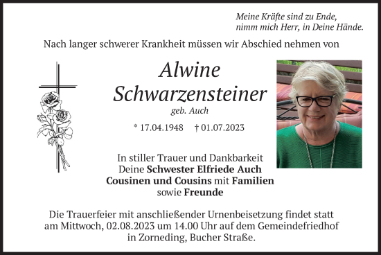 Traueranzeige von Alwine Schwarzensteiner von merkurtz