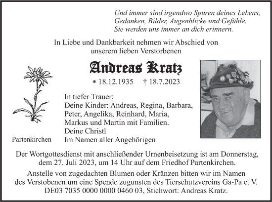 Traueranzeige von Andreas Kratz von merkurtz