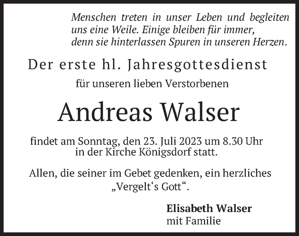  Traueranzeige für Andreas Walser vom 21.07.2023 aus merkurtz