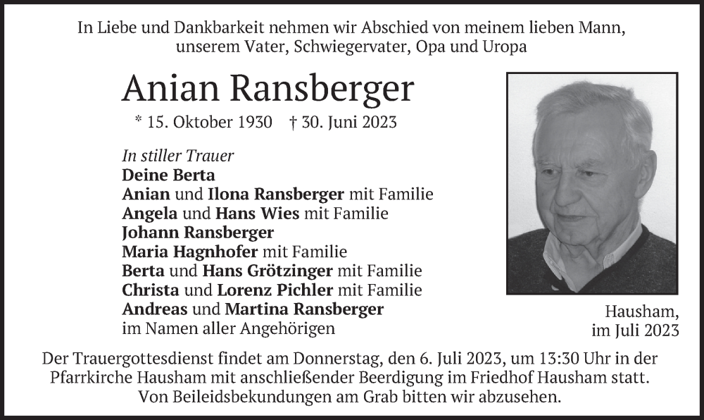  Traueranzeige für Anian Ransberger vom 04.07.2023 aus merkurtz