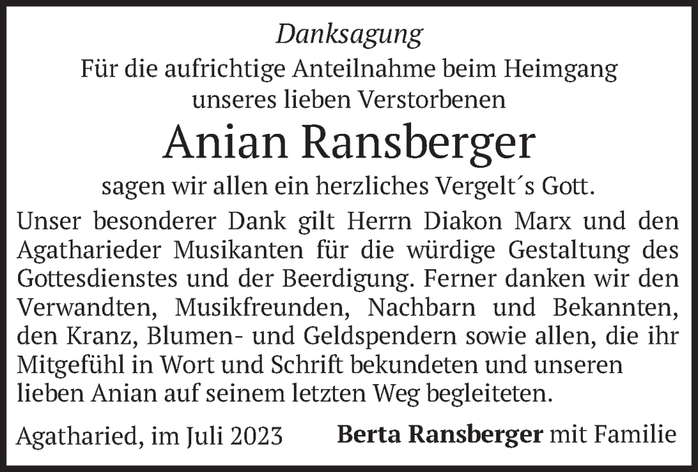  Traueranzeige für Anian Ransberger vom 22.07.2023 aus merkurtz