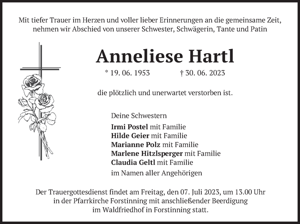  Traueranzeige für Anneliese Hartl vom 05.07.2023 aus merkurtz