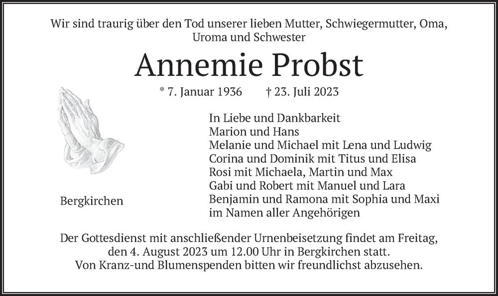  Traueranzeige für Annemie Probst vom 29.07.2023 aus merkurtz