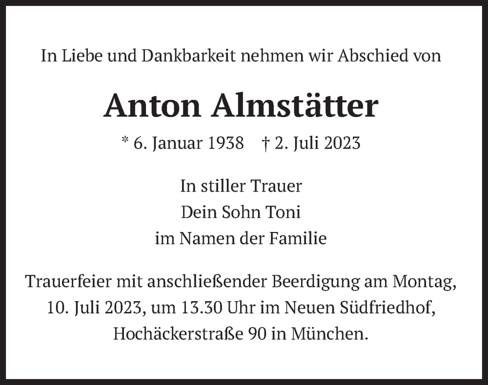  Traueranzeige für Anton Almstätter vom 08.07.2023 aus merkurtz