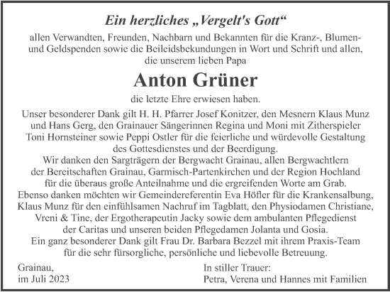 Traueranzeige von Anton Grüner von merkurtz