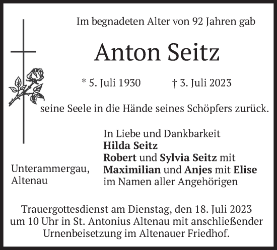 Traueranzeige von Anton Seitz von merkurtz