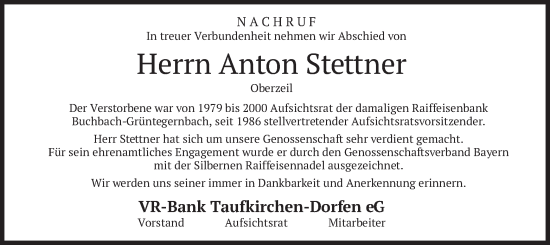 Traueranzeige von Anton Stettner von merkurtz