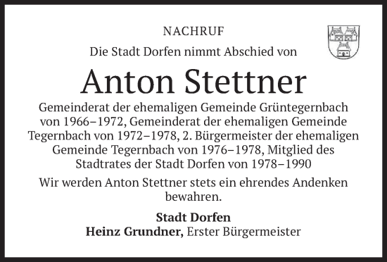 Traueranzeige von Anton Stettner von merkurtz