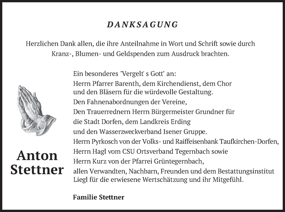  Traueranzeige für Anton Stettner vom 15.07.2023 aus merkurtz