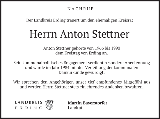Traueranzeige von Anton Stettner von merkurtz