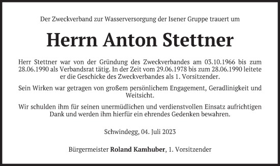 Traueranzeige von Anton Stettner von merkurtz