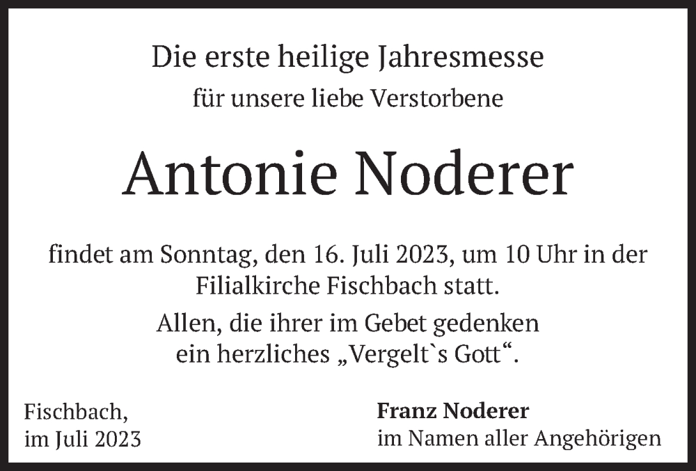  Traueranzeige für Antonie Noderer vom 14.07.2023 aus merkurtz