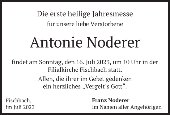 Traueranzeige von Antonie Noderer von merkurtz