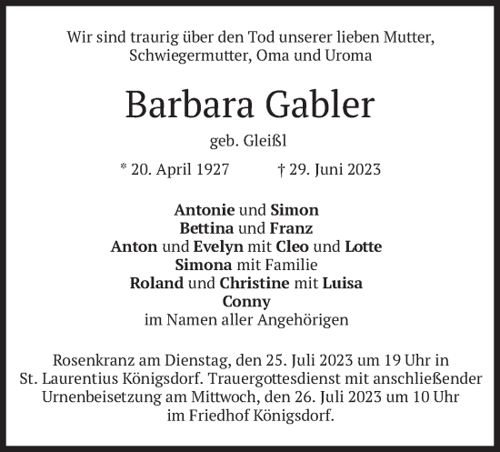Traueranzeige von Barbara Gabler von merkurtz