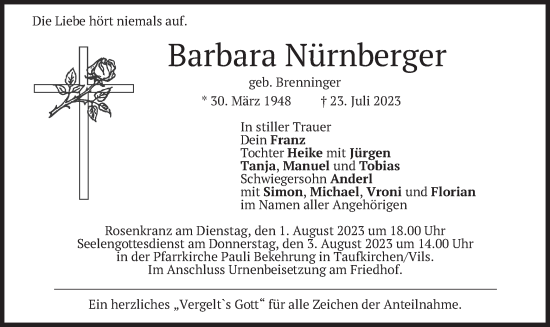 Traueranzeige von Barbara Nürnberger von merkurtz