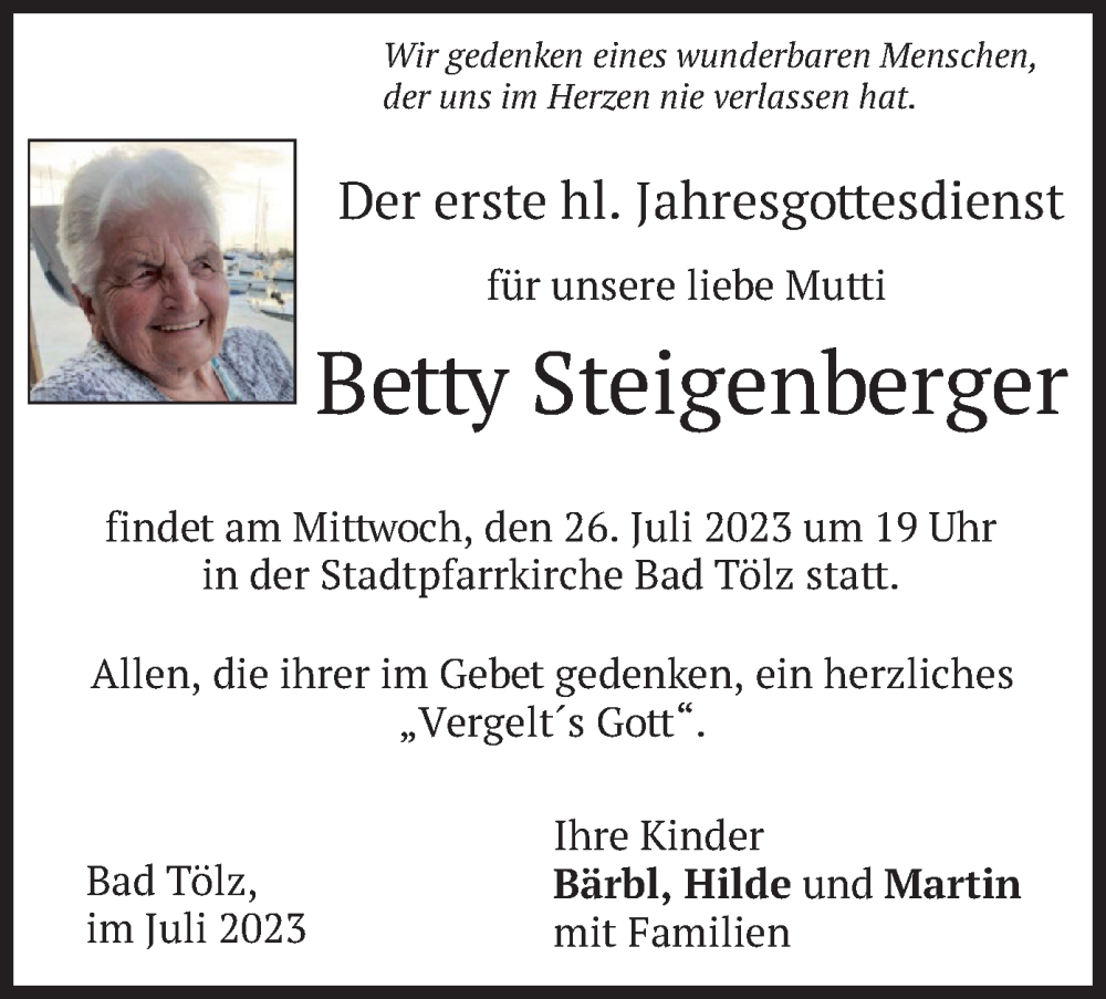  Traueranzeige für Betty Steigenberger vom 22.07.2023 aus merkurtz