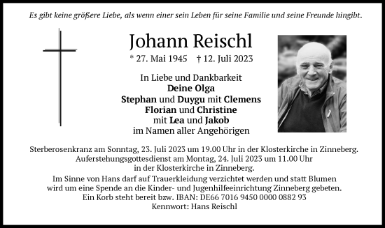 Traueranzeige von Johann Reischl von merkurtz