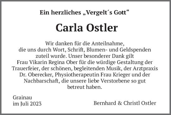 Traueranzeige von Carla Ostler von merkurtz