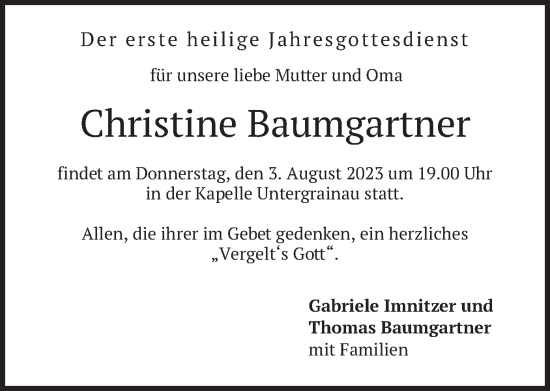 Traueranzeige von Christine Baumgartner von merkurtz