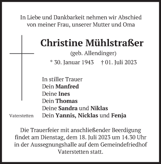 Traueranzeige von Christine Mühlstraßer von merkurtz