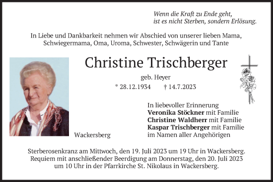Traueranzeige von Christine Trischberger von merkurtz