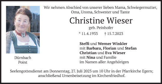 Traueranzeige von Christine Wieser von merkurtz