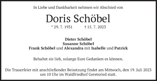 Traueranzeige von Doris Schöbel von merkurtz