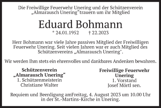 Traueranzeige von Eduard Bohmann von merkurtz