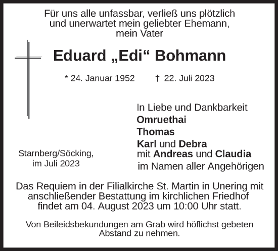 Traueranzeige von Eduard Bohmann von merkurtz