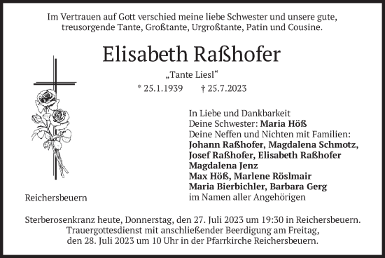 Traueranzeige von Elisabeth Raßhofer von merkurtz