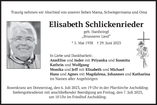 Traueranzeige von Elisabeth Schlickenrieder von merkurtz