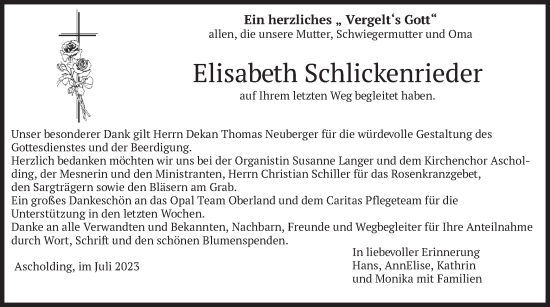 Traueranzeige von Elisabeth Schlickenrieder von merkurtz